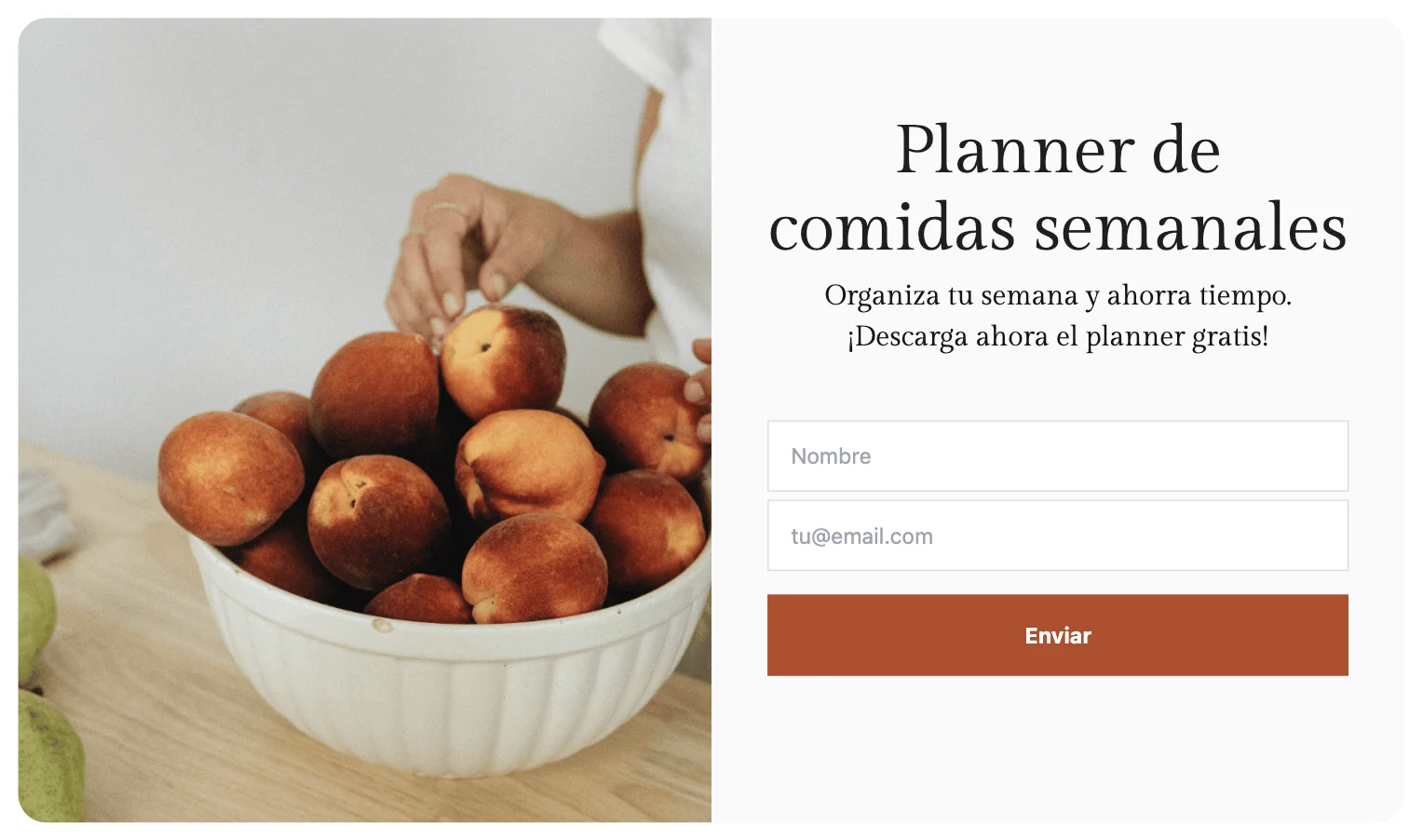 Ejemplo de formulario insertado con una oferta de planner de comidas semanales