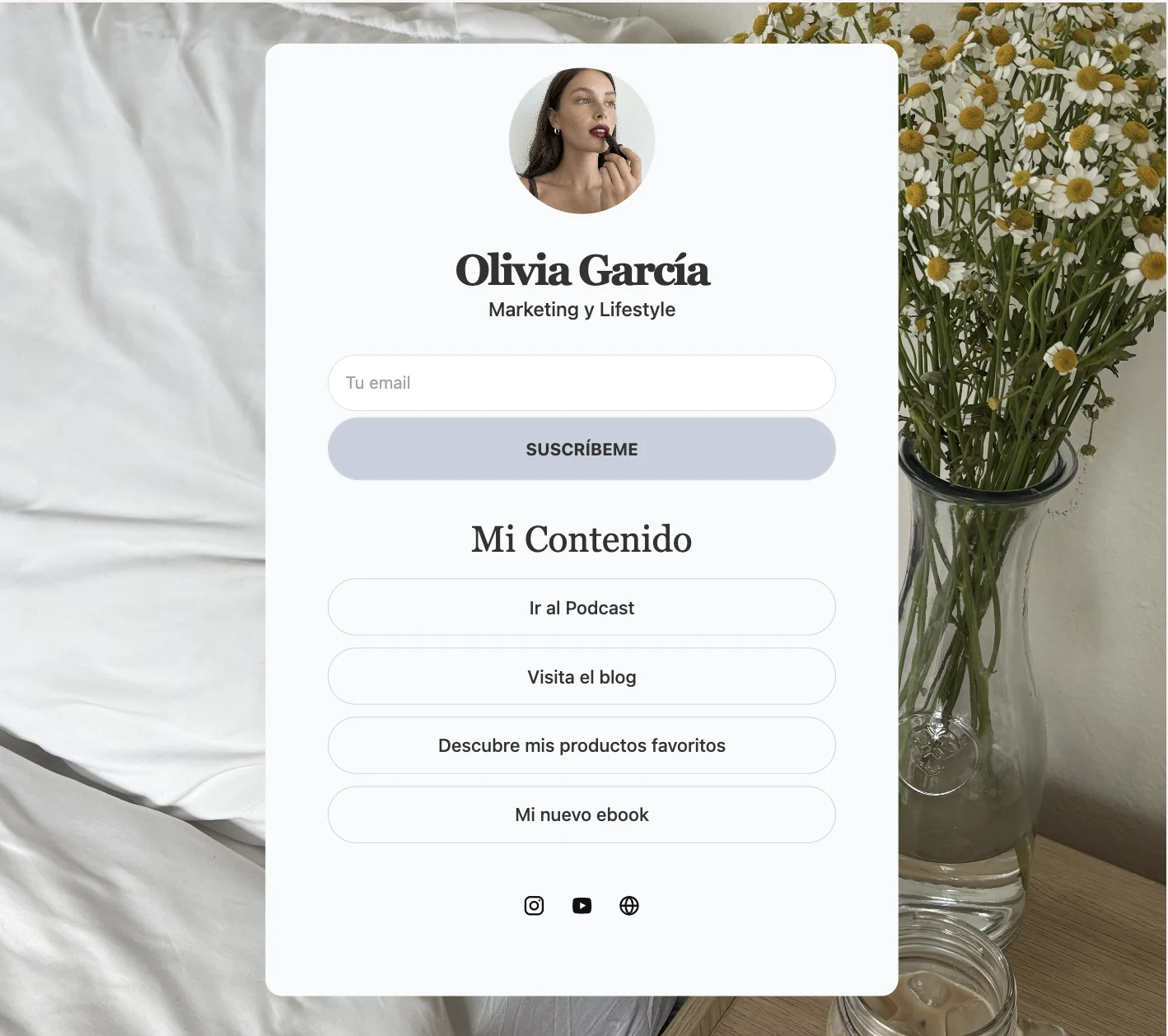 Ejemplo de Link in Bio con formulario de suscripción y varios enlaces a contenidos