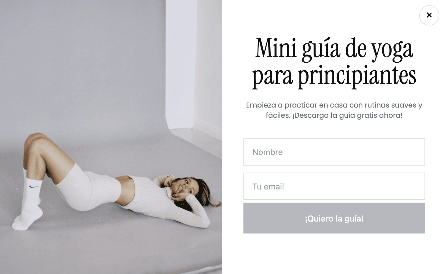 Ejemplo de formulario emergente que ofrece una mini guía de yoga