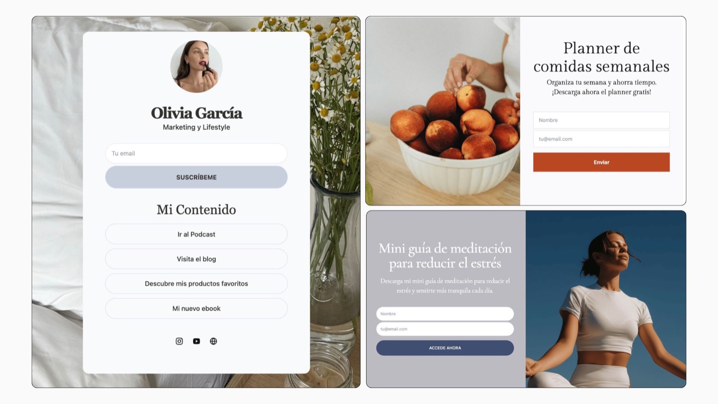 Ejemplos visuales de formularios Link in Bio, insertado y de pantalla completa