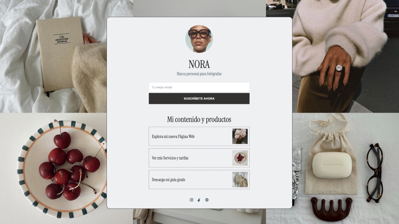 Ejemplo de una página Link in Bio para reunir suscripciones, servicios y contenidos