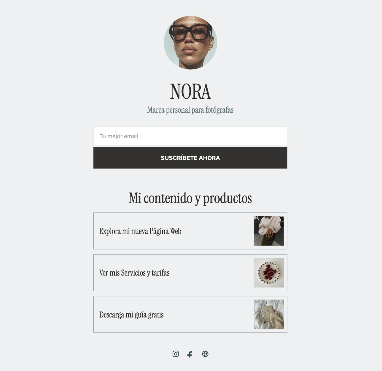 Ejemplo de Link in Bio con un formulario de suscripción y enlaces a contenidos y servicios